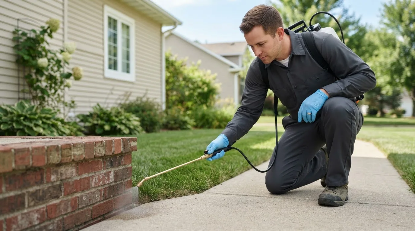 Pest control technician treating a home near Lester, WV